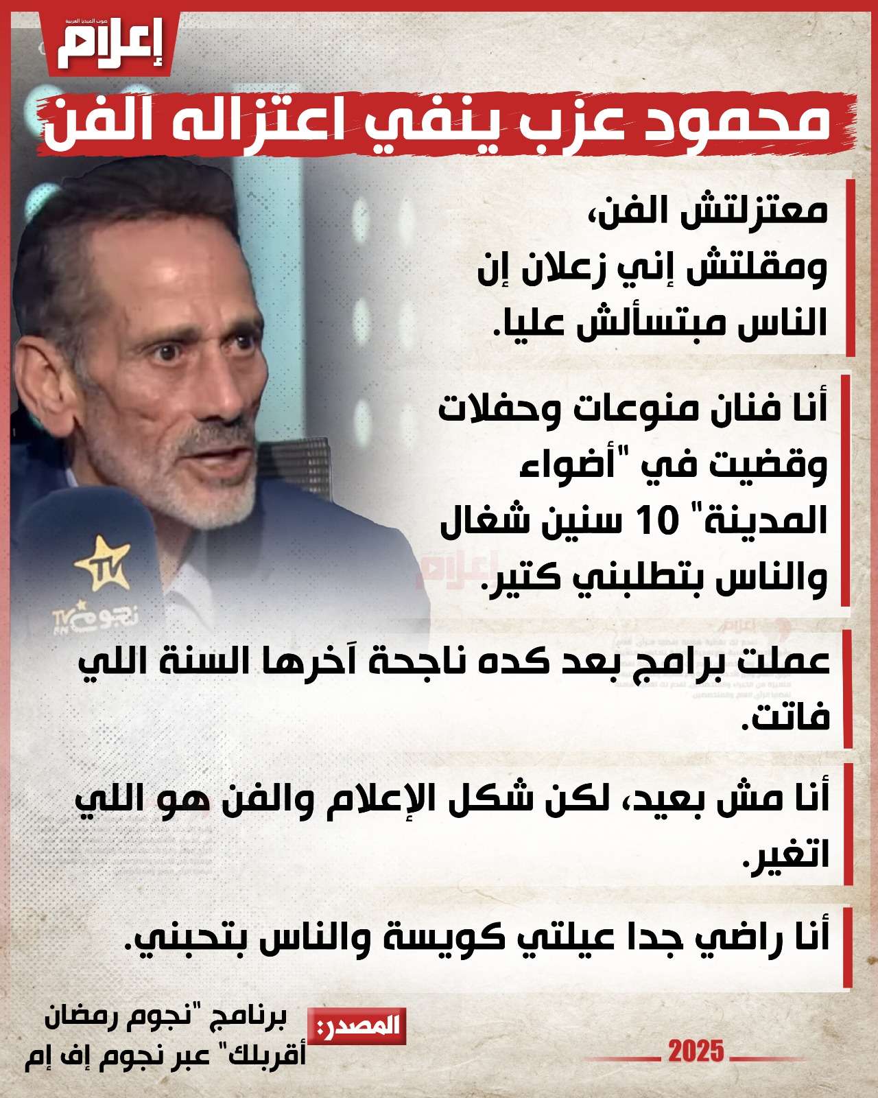 محمود عزب ينفي اعتزاله الفن