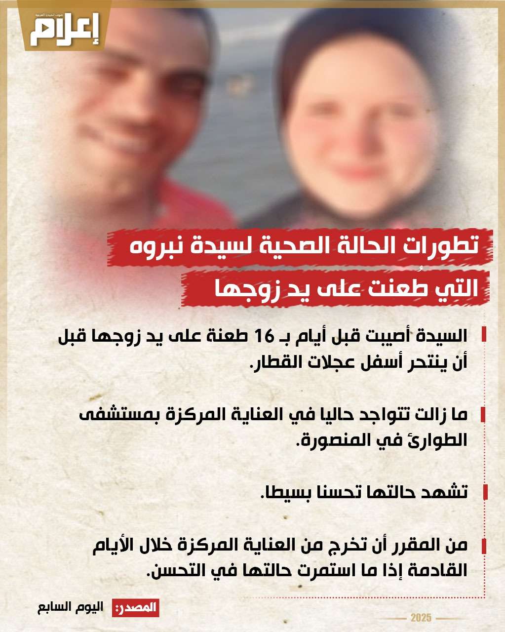 تطورات الحالة الصحية لسيدة نبروه التي طُعنت على يد زوجها